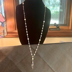 Crystal 19” drop necklace. Gold tone with multiple colored crystal beads.